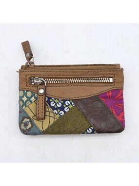 Fossil Wallet Brown Leather Patchwork Floral Bifold Zip Coin Boho Hippie Retro